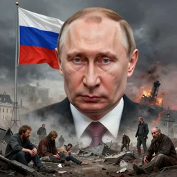 vladimir putin, after nuclear war, beggars in russia hungry scary bums and devastation, russia flag pole, by donato giancola and greg rutkowski and wayne barlow and zdzisław beksinski, realistic face, digital art