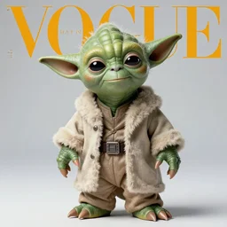 yoda from star wars. studio photo feminine pose. vogue magazine cover with text. highly detailed