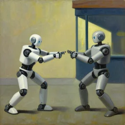 robot tug of war, dystopian, pj crook, edward hopper, oil on canvas