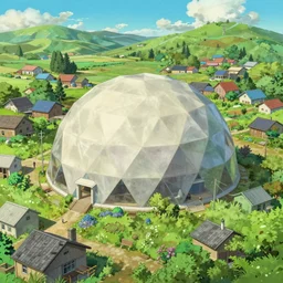 digital art of a geodesic dome among a green and lush solarpunk village by hayao miyazaki, geodesic dome, matte painting concept art detailed ultra-wide angle lens, wide angle lens realistic lighting spring colors
