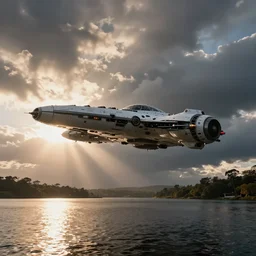 blakes 7 liberator space craft flying low over a lake with relfections 8 k resolution evening sunlight, ambient occlusion cinematic volumetric clouds