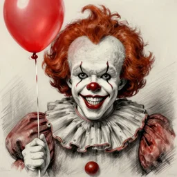 surrealism grunge cartoon portrait sketch of pennywise with a wide smile and a red balloon by - michael karcz, loony toons style, pennywise style, horror theme, detailed, elegant, intricate