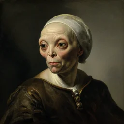 oil painting portrait of an aging alien, oil on canvas, dutch golden age, rembrandt, rubens, vermeer, extremely detailed, masterpiece, rich colours, intense contrast, chiaroscuro, intricate, dutch golden age
