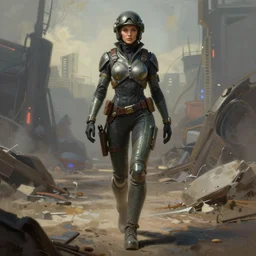 realist painting of a female frontier militia pilot walking across a cyberpunk wasteland without a helmet, human woman face, symmetrical face details, League of Legends Character Splash Art, ultra realistic, very highly detailed, 8K, octane, Digital painting, concept art, illustration, rule of thirds, sharp focus, centered, Halo Spartan Armor!!, rubber suit, Zdzisław Beksiński