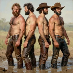 a homoerotic symmetrical painting by tom of finland, clyde aspevig, greg rutkowski, gaston bussiere, j. c. leyendecker of attractive hairy journalist and handsome cowboy, they are in love standing back to back, mud and water, shirtless, leather pants, natural lighting, highly detailed, high quality, trending on artstation