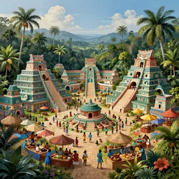 enchanted painting of a bustling marketplace in a mayan city in the jungles of honduras, realistic, panoramic, 4 k