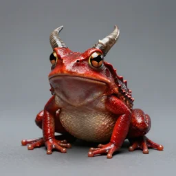 professional studio photo of demon red frog with horn on this head, fantasy, by greg rutkowski, artstation, chimerical, national - geographic, ultra detailed, macro photography
