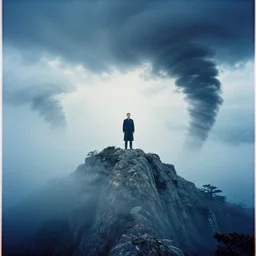 holy discord moderator on top of a tall mountain, blue fog, tornadoes surrounding, film photography, soft lighting, vignette