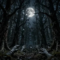 Concept art of a dark forest, dead trees, branches, stone hands reaching out of the ground, full moon, night time, digital art, creepy