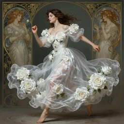 woman dressed in a vaporous wrapped large victorian white roses silk semi-transparent dress fashion is running D&D, fantasy, intricate, elegant, highly detailed, digital painting, artstation, concept art, matte, sharp focus, illustration, art by Artgerm and Greg Rutkowski and Alphonse Mucha