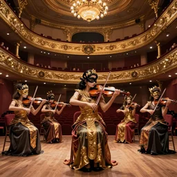 craig mullins and ghibli digital art of inside the grand theater, on the stage, masked female violinists, exotic costumes, gold jewelry, black hair, solo performance unreal engine, hyper realism, realistic shading, cinematic composition, realistic render, octane render, detailed textures, photorealistic, wide shot