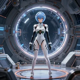 HYPER REALISTIC VFX SIMULATION, This is a digital art piece by Yoshiyuki Sadamoto that is trending on artstation. It is a 8K UHD image of Rei Ayanami, a female anime character, inside a space station with technological rings. She is shot from the ground by Yoshiyuki Sadamoto. The environment is a concept design and the art is hyper realistic with intricate details.