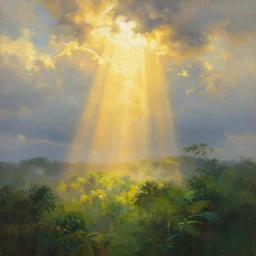 light pouring through the clouds vivid exuberant immaculate digital painting golden hour light mist refractive lighting lush greenery by ross tran charlie bowater, mandy jurgens