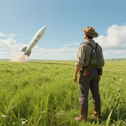 farmer watching missiles takes off from grasslands, hyperdetailed, artstation, cgsociety, 8 k