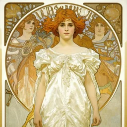 a detailed, intricate art nouveau portrait painting of a girl who resembles 1 8 - year - old saoirse ronan and emma watson in a white satin gown, by alphonse mucha, donato giancola, and john william waterhouse