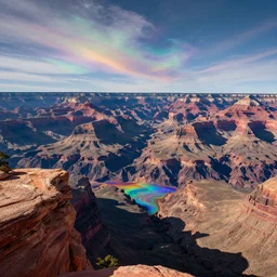 photo from the edge of a huge gorgeous canyon on an alien world, bizarre and beautiful geographical features, stunning iridescent clouds, ferrofluid oceans, professional nature photography