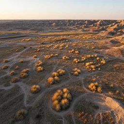 aerial overhead drone shot of badlands ground with tuft grass and dirt in golden hour lighting