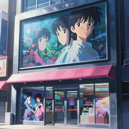a high definition close up screenshot from the futuristic anime anime anime film ; a shopfront facade with ( ( advertisements ) ), digital painting by ( makoto shinkai ), moebius moebius, surrealism, trending on artstation