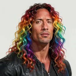 portrait of dwayne johnson, long and very curly rainbow hair, expressive pose, futuristic, highly detailed, digital painting, artstation, concept art, smooth, sharp focus