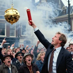 2 4 mm color photograph of geert wilders throwing a molotov coctail to gouden koets near noordeinde while angry mob is shouting, atmospheric lighting, by joel meyerowitz, by saul leiter