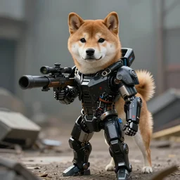 photorealistic anthropomorphic shiba inu, wearing black cyber robot gigachad exoskeleton power armor without helmet, holding laser sniper rifle, post apocalyptic cinematic photorealistic background