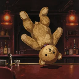 teddy bear bouncing upside down and awry around the english night bar club, dark retro lighting, darkly playful color scheme, intricate details, matte painting, illustration, by hayao miyazaki