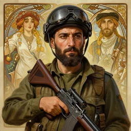 kurdish peshmerga, highly detailed, digital painting, artstation, concept art, sharp focus, illustration, art by artgerm and greg rutkowski and alphonse mucha, incredibly detailed, award winning art