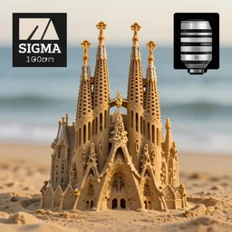 beautiful Sand castle in the shape of la Sagrada Familia of Barcelona, well detailed,4k, macro lens, macro photo, Sigma 105mm,winning award photo, sea in the background,golden hour