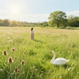 thistles, grass, sun, woman and a swan. a meadow, late english summer. folk horror style. beautiful. gothic. dreamy. rooks. realistic