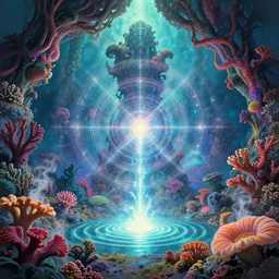 breathtakingly detailed art nouveau ultrawide angle photo, alien ocean coral structures frame circle, closeup a gleaming humans energy field emitting bright glowing ripples, spiritual aura, sacred geometry, bizarre overgrown alien monolith in background, vivid caustics, symmetry, very low angle shot, smoke rises from the coral flowers, by studio ghibli, peter mohrbacher, fenghua z