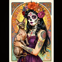 psychedelic poster art of a cute punk goth fashion fractal Día de los Muertos tattooed girl holding a sphynx by Victor Moscoso Rick Griffin Alphonse Mucha Gustav Klimt Ayami Kojima Amano Charlie Bowater, masterpiece