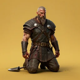 aesthetic 3 d model of a wounded viking warrior on his knees by anne stokes, greg rutkowski, and brian belledin : 1 | dirty, bloody, concept art, character concept, matte background, golden ratio, rule of thirds, unreal engine, finalrender, centered, deviantart : 0. 9 | fantasy, artgerm, and larry elmore : 0. 5