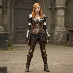 full length photograph of a real-life christina hendricks as a steampunk warrior,  Extremely detailed. 8k
