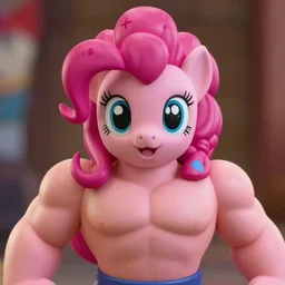 pinky pie my little pony, neca!!! powerlifter oversized muscular action figure by neca face close up headshot in the style of neca, character by neca, film still, bokehs