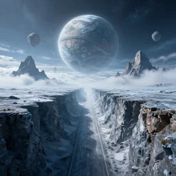 Frozen frontiers on an alien planet, floating mountains above clouds in the background, vanishing perspective of a road, ravine, Syd Mead, John Harris, Federico Pelat,