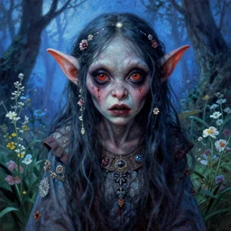 a pretty but sinister and creepy goblin in layers of fear, with haunted eyes, violence in her eyes, 1 9 7 0 s, seventies, delicate embellishments, a little blood, woodland, blue dawn light shining on wildflowers, painterly, offset printing technique, by robert henri