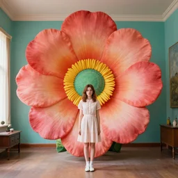 giant flower head, girl in 1 9 6 0 room, surreal, symmetry, center, fanciful, hue, detailed, realism, wes anderson