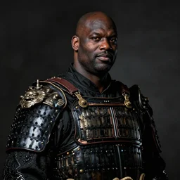portrait of shaquille o'neal in black samurai armoury, by jan van eyck