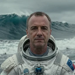 on ocean , cinematic close up shot of saul goodman wearing the spacesuit in scene from the movie interstellar ,shady dull weather, panorama,natural dull colours, exteremely giant ocean wave in background