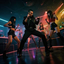 gangster in cyberpunk night adult club, 3 5 mm, show. girls dancing, low angle, blade runner, akira, cinematic angle, cinematic lighting, reflections, action, fight