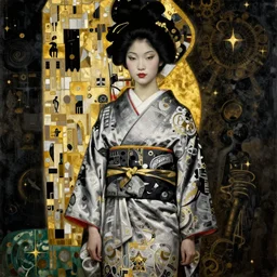 highly detailed oil painting | very intricate | cinematic lighting | black, white and gold color scheme, dark background | asian woman in kimono | by roberto ferri, by gustav moreau, by singer sargent and klimt, american romanticism, occult art | by austin osman spare, artstation, cgsociety, official art, octane