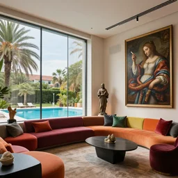interior design of a modern hotel lounge with renaissance paintings and sculptures and a window overlooking a beautiful pool, creative windows and colorful couches, in the design of zaza hadid, sharp, hyper - detailed, 8 k resolution, good lighting