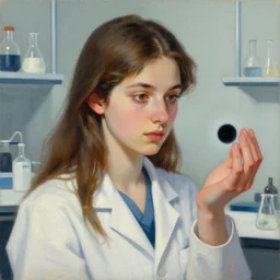 an oil portrait painting of a beautiful young female scientist in a laboratory looking at a small black hole in her hand, style by jordan grimmer and greg rutkowski, a close - up shot, elegant, sharp focus, morandi color scheme, illustration, high quality, highly detailed, long hair, digital art