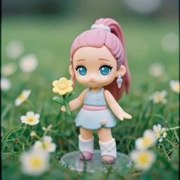 scene of ariana grande as nendoroid with flowers as nendoroid on a meadow, kodak film