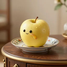 eye level view a golden delicious apple is on small intricately designed china serving dish. the dish is on top of expensive end table, a cute worm pokes its head out of the apple, superior detail, bokeh, digital art, octane render, hq 8 k 4 k, product lighting, studio lighting.