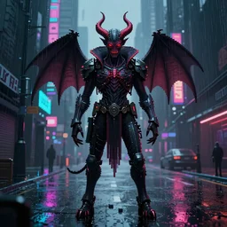 cyberpunk heavy metal synthwave pixelart of a demon on a rainy city street