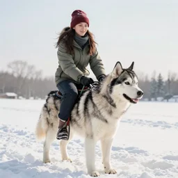 girl riding a giant husky in the snow