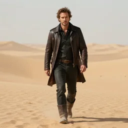 Picture of a single wanderer in black and brown leather clothes, wandering the desert landscape, full of wonders, portrayed by Bob Odenkirk, beautiful, walking to the camera, realistic, low fantasy, extremely detailed, trending on artstation, artstationHD, artstationHQ, cgsociety, HD, 8K, Cinema quality