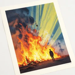 editorial illustration of a lone man standing in angled view of habitat 6 7 burning on fire, ( ( dot shaded ) ), art deco, karolis strautniekas, ( ( ilya kuvshinov ) ), halftone texture, detailed, matte print, risograph, smoke, sunbeams, fog, victo ngai, colorful