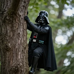 high quality photo of darth vader climbing behind a tree, photography 4k, f1.8 anamorphic, bokeh, 4k, Canon, Nikon